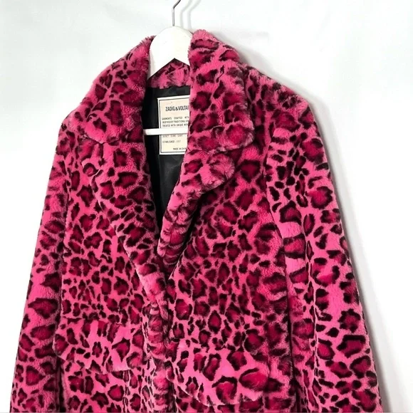 Zadig & Voltaire Pink Leopard Faux Fur Coat XS - Picture 2 of 10